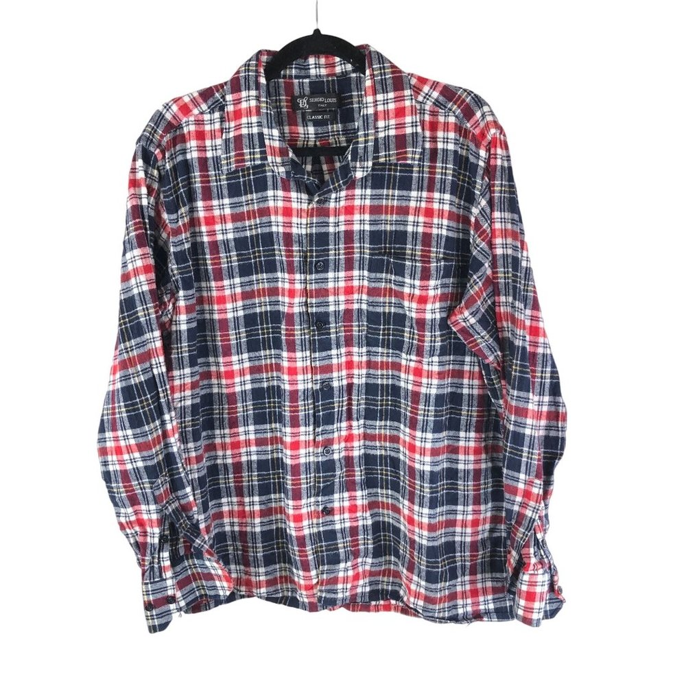 Sergio Louis Italy Mens Flannel Shirt Classic Fit Pocket Plaid Red Black XL